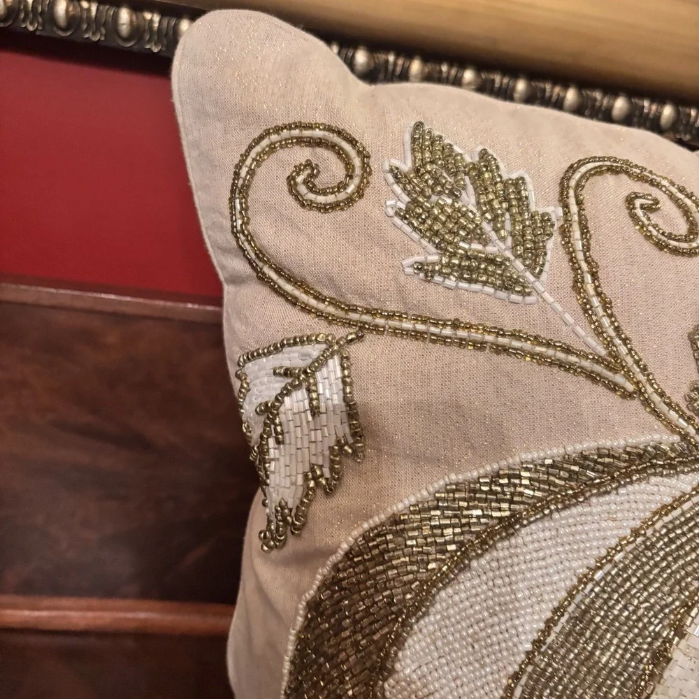 Pier 1 Beaded Pumpkin‎ Throw Pillow Ivory Gold Fall Harvest Decor 14